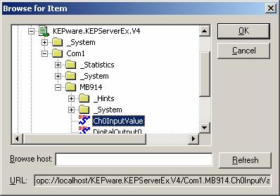 Locate and select the Ch0InputValue tag in the directory tree beneath the OPC server. Click OK to close the dialog. 7.
