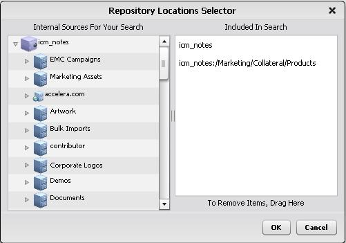 6. Optionally, you can click Edit to specify repository locations to search. Figure 38. Repository Locations Selector dialog By default, the repository is the level at which the search will begin.