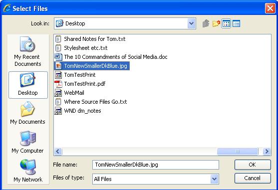 Upload Dialog Box Note: If you know the file name and file path of the selected image, you can skip Steps 4 7 and enter the information into the Name and File fields directly in the Import dialog box.