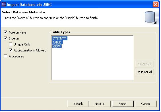 Modeling User-Defined Functions Importing from a JDBC Database 20. For an Oracle database, this screen might look like this: You can choose the meta objects you want to import.