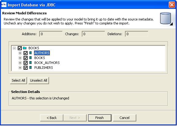 Importing Metadata Importing from a JDBC Database From this screen you can see at-a-glance the differences between the existing version of the model, and the reimported version.
