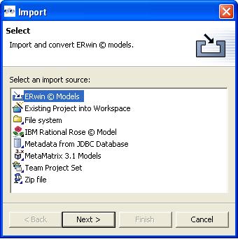 Importing Metadata Importer for ERwin 3.5.