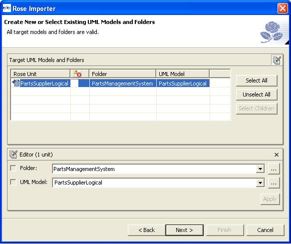 The Create New or Select Existing UML dialog appears. 5. Select the target models and folders.