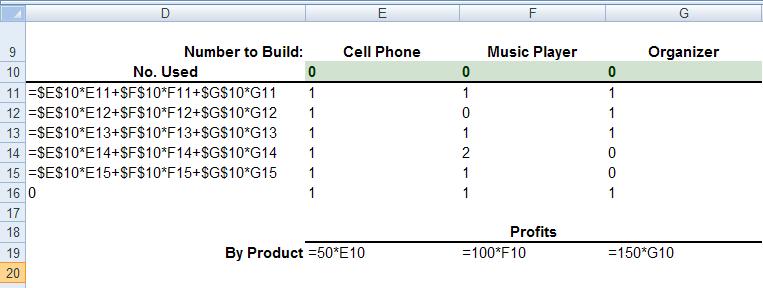 The SUMPRODUCT function in Cell D11 would be: =SUMPRODUCT(Number_to_build, E11:G11) This formula uses relative addressing for E11:G11.