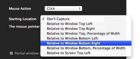 The Mouse Action popup lists the available actions. The Starting Location popup lets you choose where on the screen the click will take place.