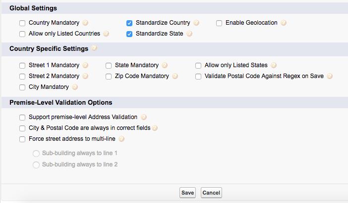 Scroll down the page and locate Fields to Validate/Standardize. Select Edit on the row of the address block that you want to configure validation for.