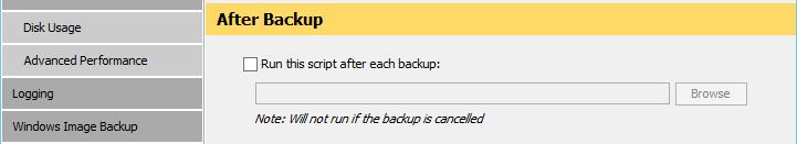 The Backup Scripts page consists of the following areas: Before Backup After Backup Tip: Scripts such as batch files (with possible Power Shell cmdlets) and EXEs can be executed by the Backup Client