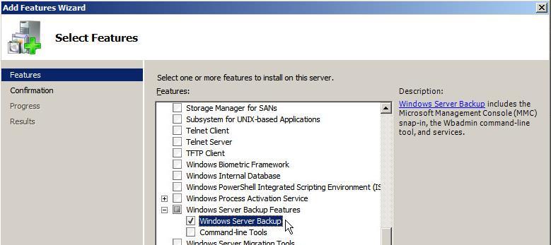 3. In the Features list, scroll to Windows Server Backup Features, expand the item, and check the Windows Server Backup box. 4. Click Next. 5. Click Install to complete the process.