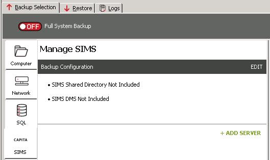 4. Browse for the folder where the Shared Directory is installed. 5. Click Save. The Backup Configuration section on the left will be updated to indicate Backing Up SIMS Shared Directory.