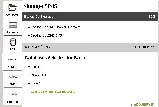 The Backup Configuration section will be updated to reflect the Databases Selected for Backup, listing the included databases. Note: Additional database selection changes can be done at this point.