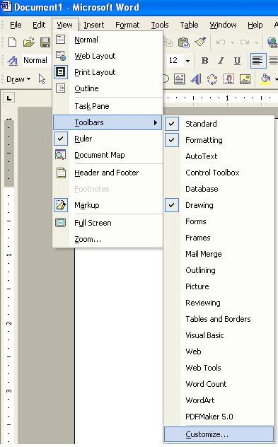 II. Setting the Tool Bar Look at your Tool Bar at the top of your page, just below the blue Microsoft Word border. It may look somewhat like the above.