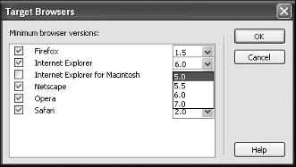 Setting Up Your Dreamweaver Site chapter 1 The Target Browsers dialog box appears. 5 Click the by Microsoft Internet Explorer. 6 Click 5.0. 7 Click OK.