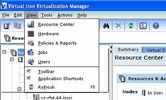 USING VI-CENTER Using the Pull-Down Menus..... View Menu Use the View menu to hide or show the Toolbar and Application Shortcut options, and to refresh screen data. Figure 18.