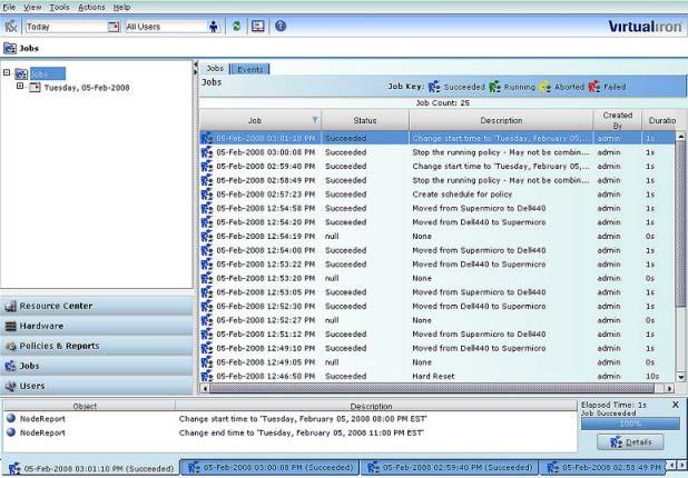 USING VI-CENTER Performing Job Operations..... Figure 31. Jobs View Sort Jobs by date Sort Jobs by user Starting a Job A job begins when you make any change within the virtualization environment.