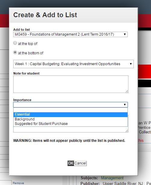 The Create and Add to List option allows you to choose which list and section within the list that you wish to put an item