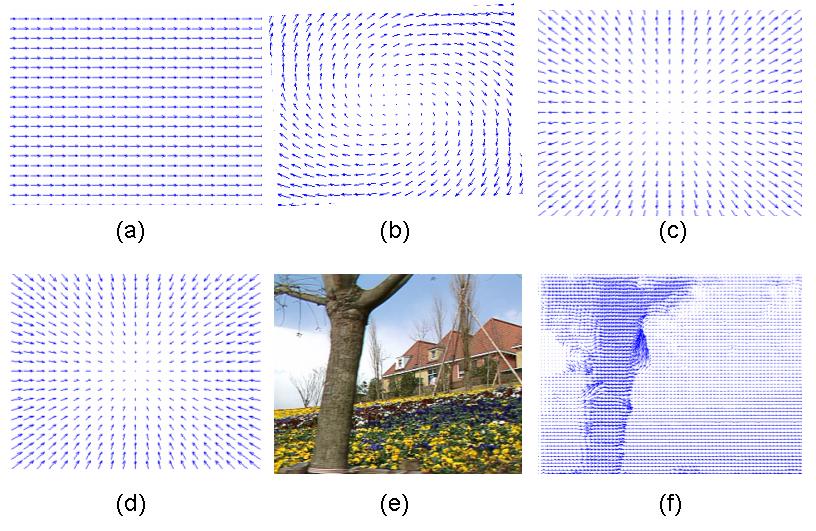 Figure 1: Examples of optical flow fields: (a) translation, (b) rotation, (c) zoom, (d) unzoom are flow fields that will fit a global model like affine or projective.