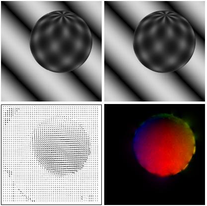 Optic flow computation using the Horn Schunck method. Top left: Frame 10 of a synthetic image sequence.