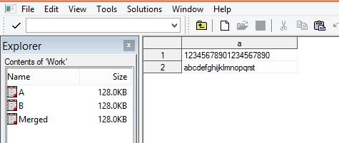 This is what the table MERGED looks like then the code MERGE B A; is executed. The file has four records. The length of variable A from file B is used as 26 bytes.