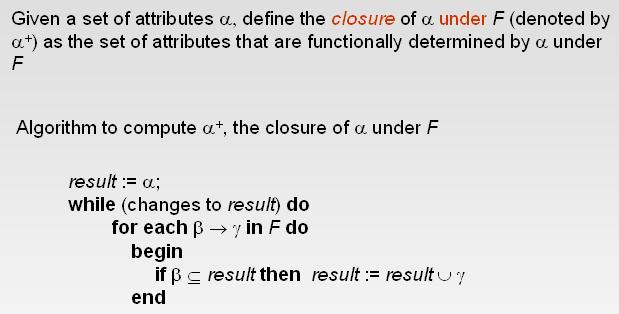 7.4.2 The Closure of a set of attributes (under the set of FDs) Compare to the inefficient algorithm, based on F + For next time: Read