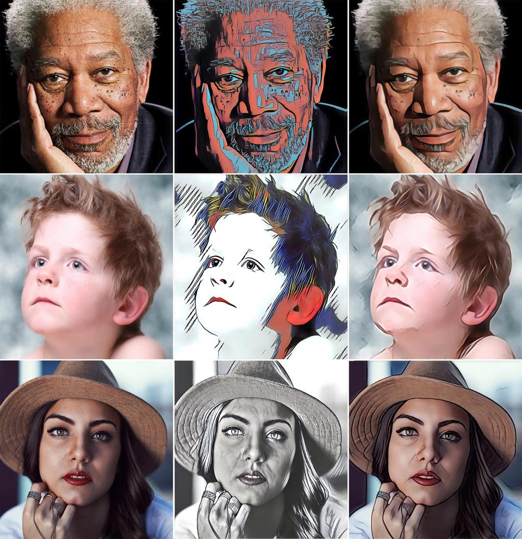 Figure 6. Experiments on people of different age, gender and race: The first column are the original selfie images, and the second column are the stylistic references.
