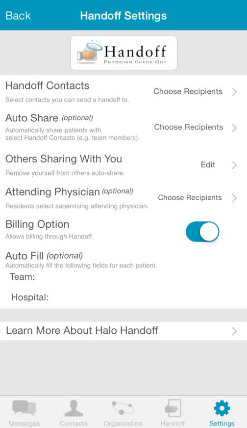 HANDOFF SETTINGS (if applicable) The Handoff Contacts setting enables you to choose the recipient of your handoffs by tapping on his or her name. Choose as many as relevant, and tap Done.