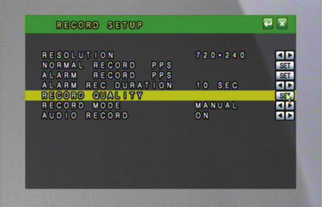 MAIN MENU...continued RECORDING SETUP 1. Access the Main Menu. 2. Select the Record Setup icon. RESOLUTION You can set the resolution to: NTSC Mode 1. 720 x 240 (max 60 PPS) 2.