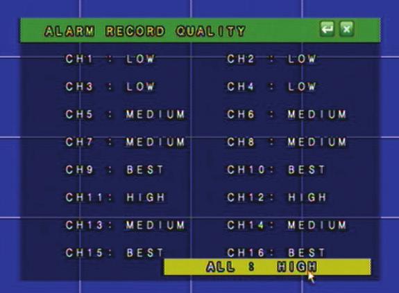 MAIN MENU...continued RECORD QUALITY There are four levels of record quality you can choose from, and it is adjustable per camera if recording with 720 x 240 resolution.