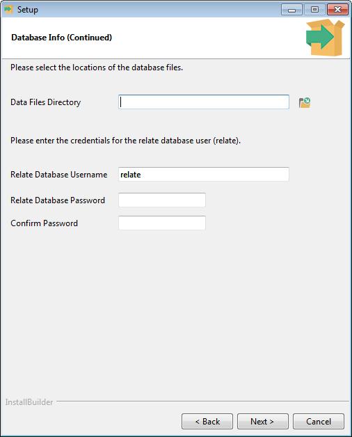 CHAPTER 2: Installation Relate 11.4 7. Select the location of the database files, then click Next to continue with step 9.