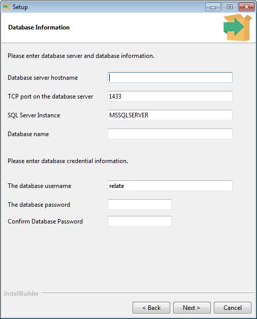Relate 11.4 Relate Installation Guide - Installer 8. If you selected Microsoft SQL Server as your database, enter the database information: Figure 2-33: Database Information (SQL Server) a.