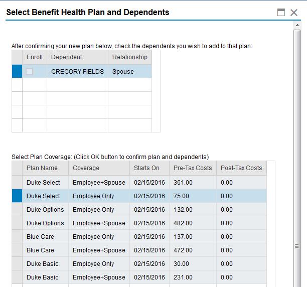 A new menu will pop up: This table shows your current medical plan. To add your new dependent to your coverage, check the box next to the name of your new dependent.