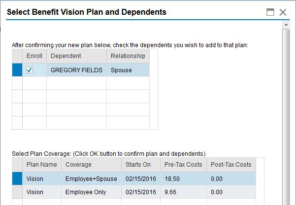 A new window pops up showing a list of dependents and the coverage options available.