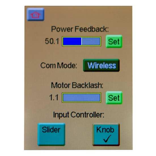 4. Setup Menu The setup menu is where you can adjust power feedback, Com Mode, Backlash compensation, and Controller input.