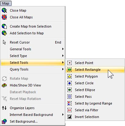 The Select Tools are used to select objects from a layer. The selection tools can be found in the Map menu or on the Map screen in the mapping toolbar.
