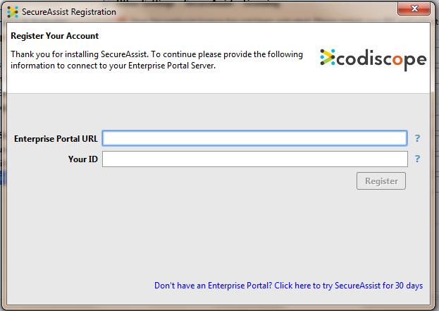 June 2016 Page 4 of 24 License Type Activation Instructions Enterprise 1. After installing SecureAssist, restart IntelliJ. The Registration dialog appears automatically. 2. If it is not already prepopulated, enter your Enterprise Portal URL.