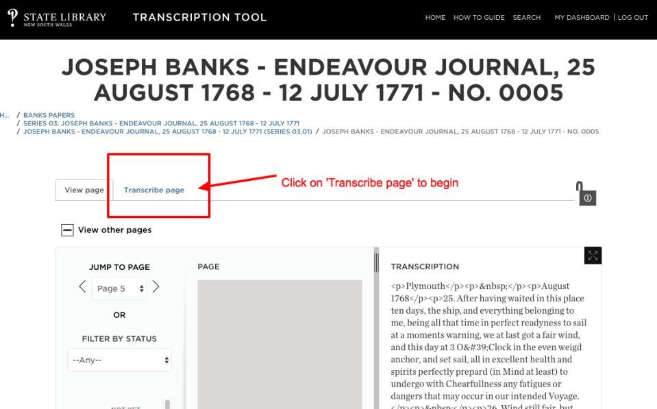 The transcription page with viewer and editor On the transcribing page there are two options: View Page Tab See a view of
