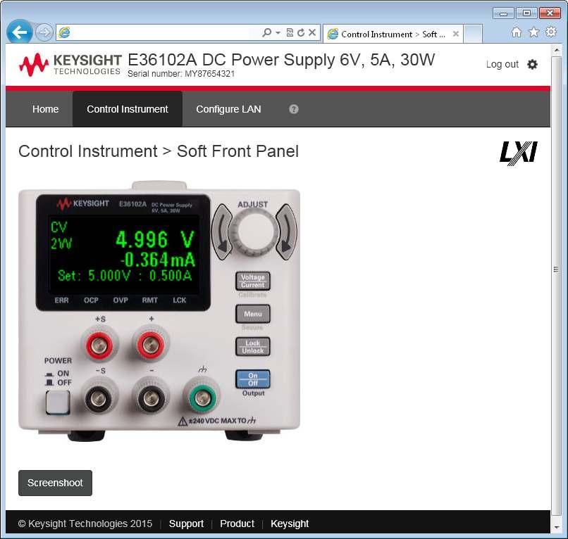 03 Keysight E36100 Series Programmable DC Power Supplies - Data Sheet Simple, powerful soft front panel When you cannot be near your DUT, open your browser and control the instrument via the power