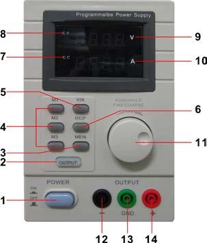 DIAGRAMS OF PANELS Front Panel 1. Power: on/off button 2. Off/On: output on/off 3. MEN: memory save 4. M1-M3: memory recall 5. Voltage/Current: select between voltage or current 6.