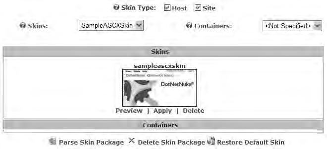 Basic Skinning 21. Save the image fi le as SampleASCXSkin.jpg. 22. To see how the new skin will look on our site, start by logging in as the SuperUser. 23. Look under the Admin menu and select Skins.
