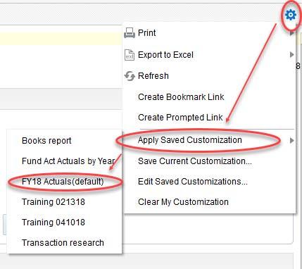 Customizing Standard Reports Run Saved Report To run a saved report, open the report link and choose Page Options -> Apply Saved Customization -> saved report name: 1. Page Options 2.