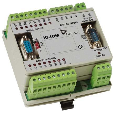 IG-IOM Description IG-IOM modules are I/O extension modules equipped with 8 binary inputs, 8 binary outputs, 4 analog inputs and one analog output.
