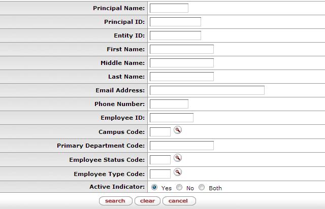 1) To search for a person, enter information into the fields (i.e., Principal Name, First Name, Email Address, etc.). For a partial search, put in a few letters or numbers and an asterisk (*).