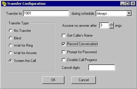 Using the PC to Perform Supervisor Functions Figure 4-5 Transfer Configuration Screen In the Transfer to field, enter the number for the call transfer.