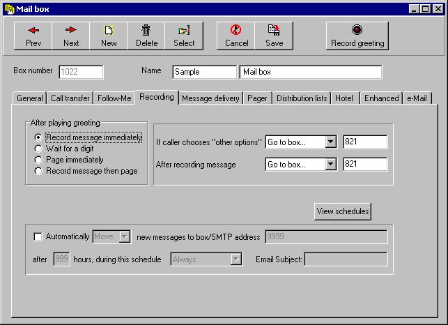 Interchange Supervisor 3.1.3 SETTING UP RECORDING Interchange allows you to set up the recording options per mailbox owner. To do so, access the Mailbox screen for the mailbox owner s mailbox number.