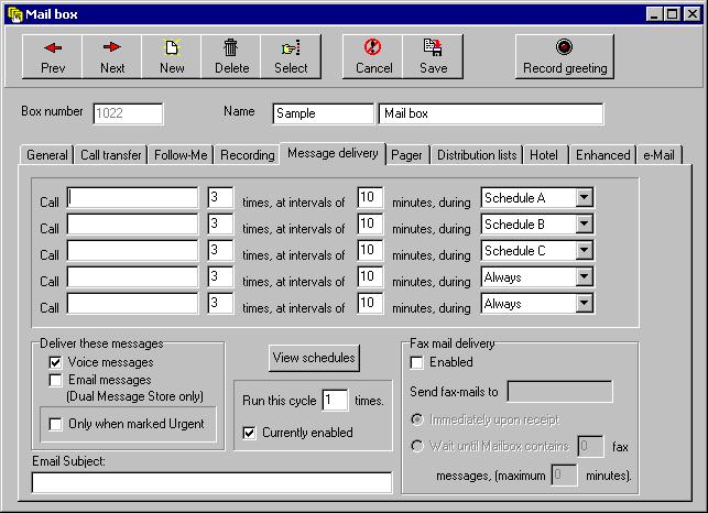 Using the PC to Perform Supervisor Functions Figure 4-7 Mailbox Screen, Message Delivery Tab In the Call field, enter the telephone number you want Interchange to call to inform the mailbox owners
