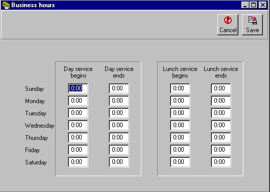 Using the PC to Perform Supervisor Functions Figure 4-20 Business Hours Screen For each day of the week, enter the opening and closing times for the business.