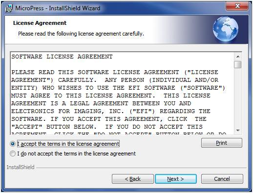 MICROPRESS INSTALLATION GUIDE 8 9 Read the Software License Agreement and choose I accept the terms in the license agreement to accept