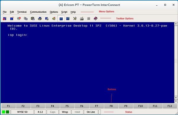 Parameter Show status Show buttons Echo locally Description Click the ON/OFF button to enable or disable this option. It enables the status bar on the Ericom PowerTerm window.