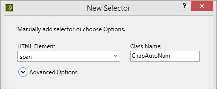 f. In the Class Name field, type ChapAutoNum and click OK. The new class is added under the parent span style.