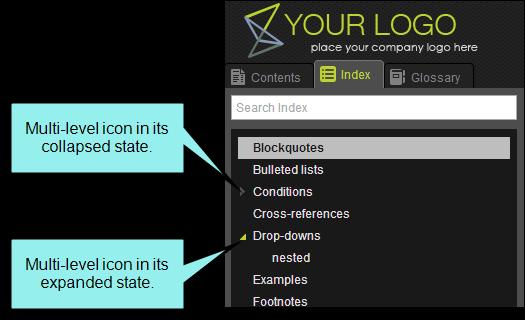 EXPAND/COLLAPSE ICONS For index items that have subkeywords, we specified that a triangle icon should be placed next to them.