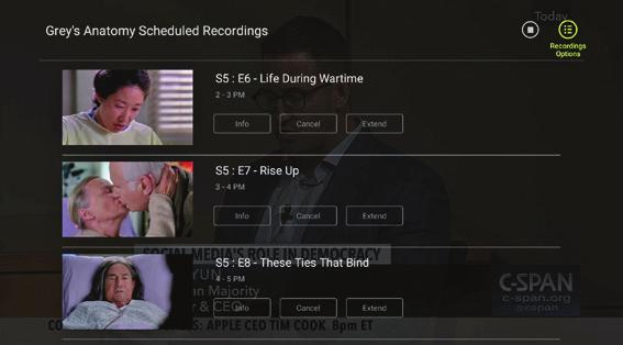 Viewing Recorded Programs All of your recordings are stored together, and can be quickly and easily found in the Profile TV menu. 1. On live TV, press the Menu button to access the TV menus. 2.